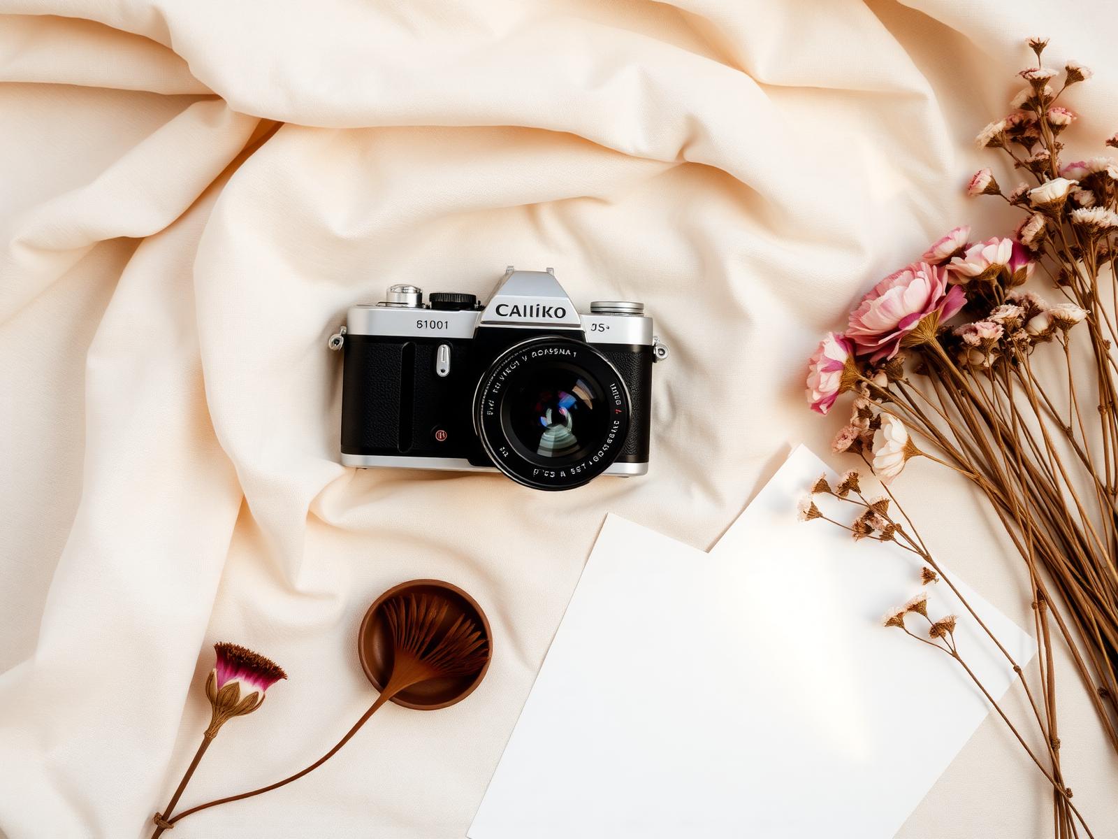Photographer's workspace with vintage camera